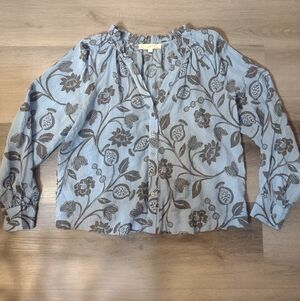 LOFT Blue and Black Floral Button Down Blouse